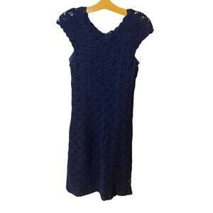 New Directions Blue crochet Midi Dress Cap Sleeve petite medium 100% cotton